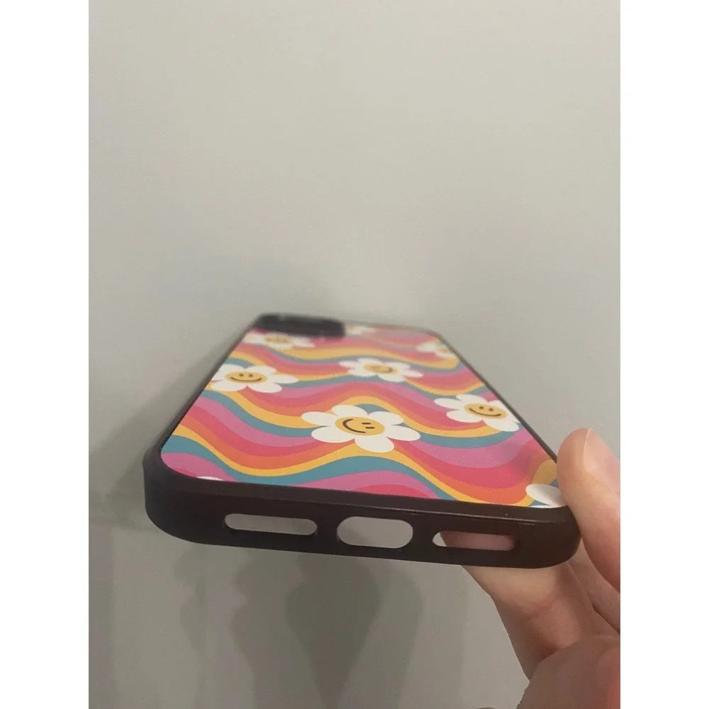 iPhone 14 Plus Case Unisex OS Multicolor Retro‎ Wavy Rainbow Smiley Face Daisy